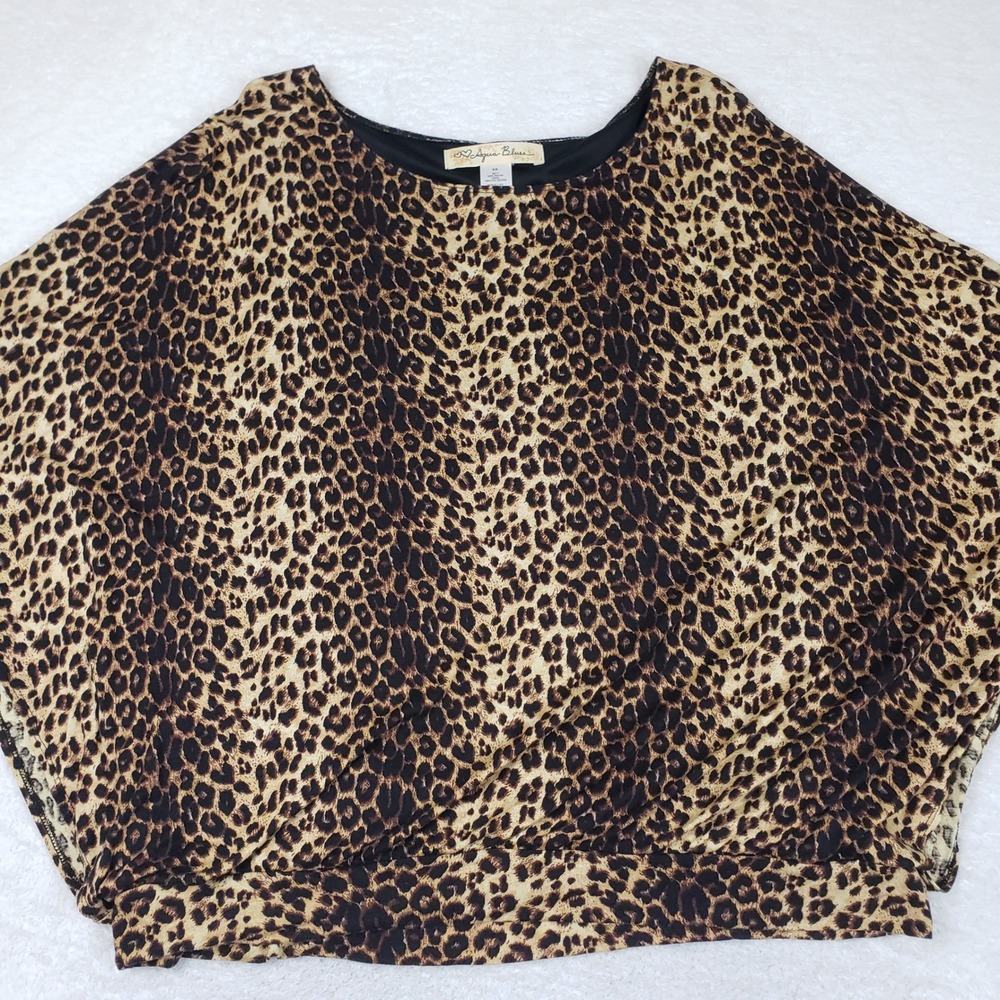 Aqua Blues Leopard Print Dolman Sleeve Banded Hem Top Plus Size 3X Open Batwing